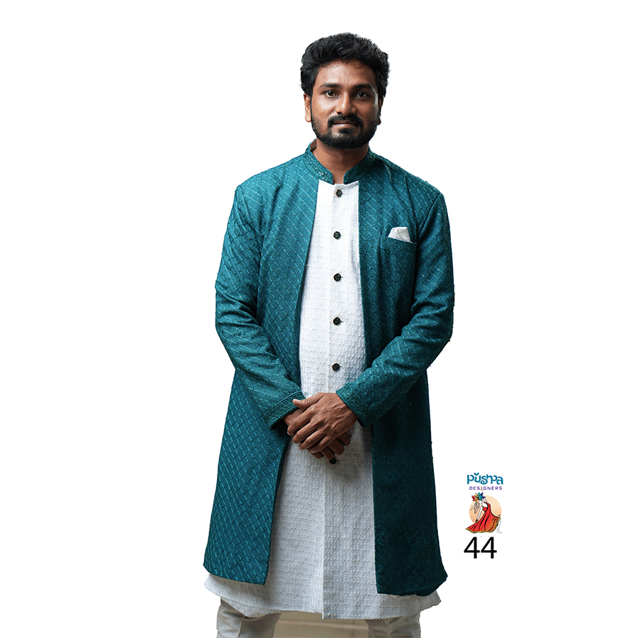 White and Peacock blue Indo Western view 3