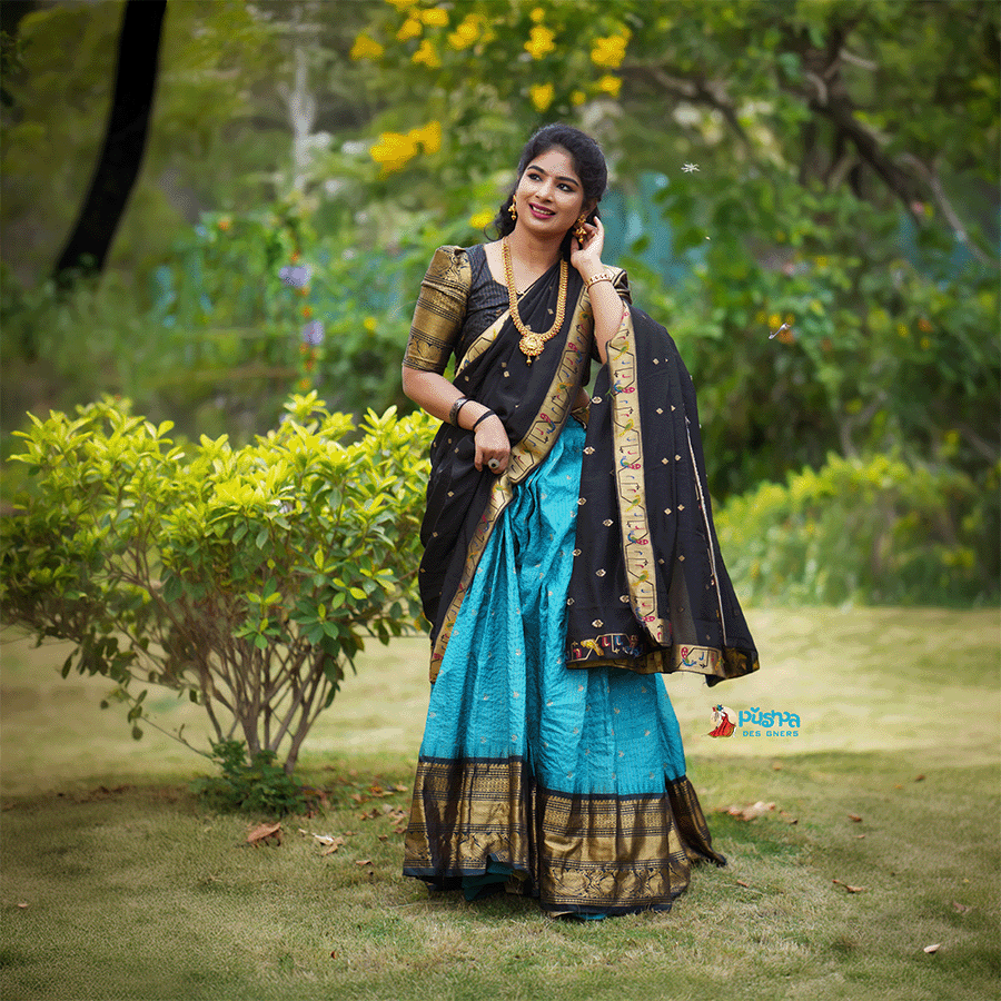 Black and Light Blue Half Saree view 2