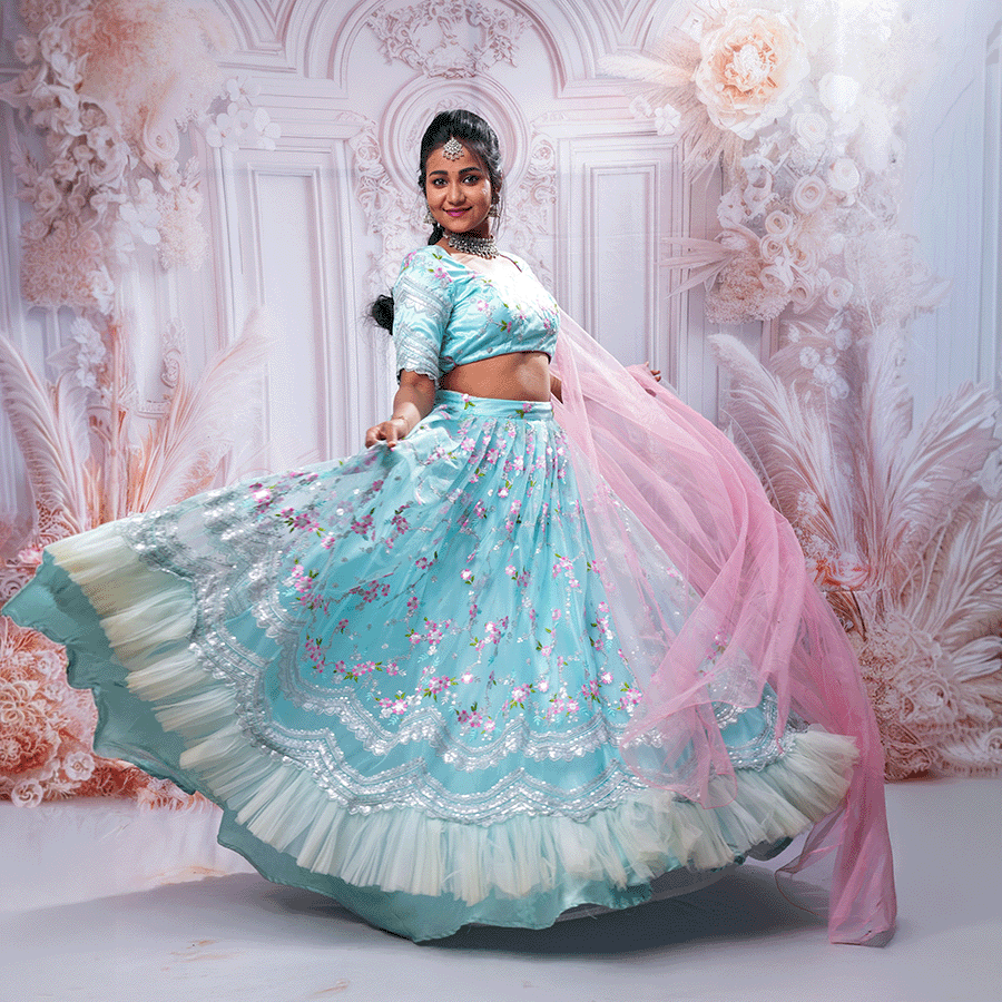Sky Blue Netted Lehenga view 3