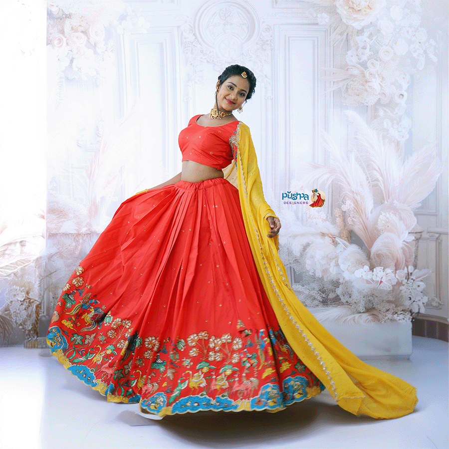 Vibrant Red and Yellow Combination Half Saree — Pushpa Designers