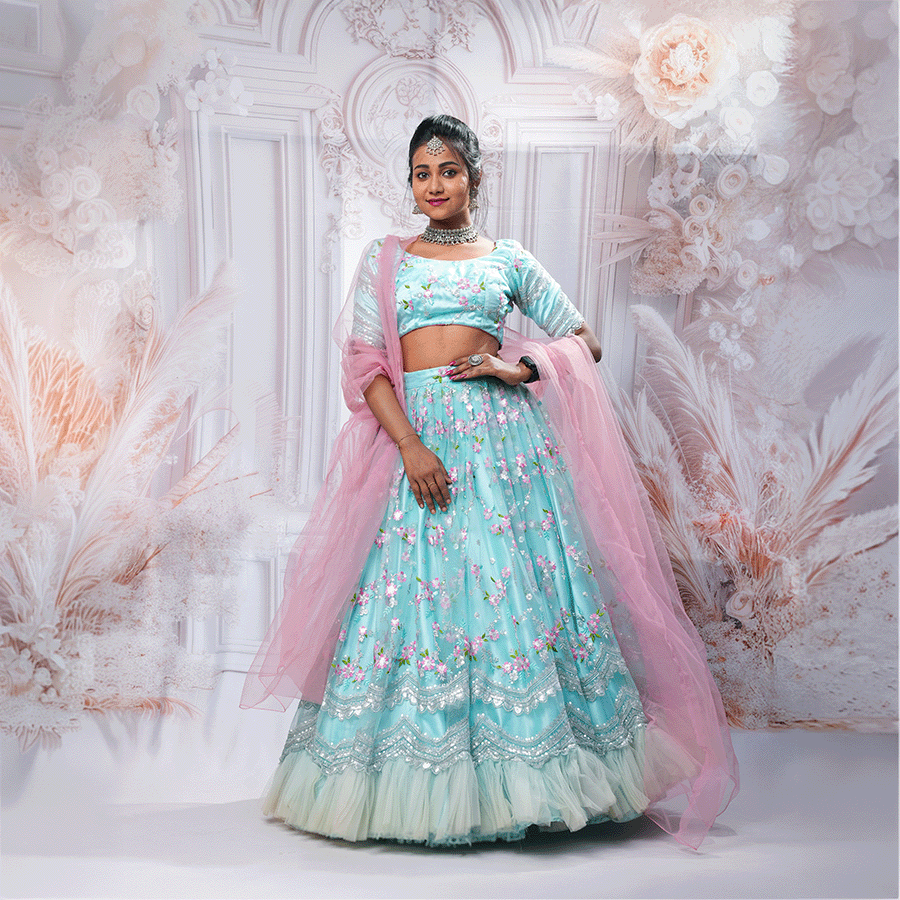 Sky Blue Netted Lehenga view 4