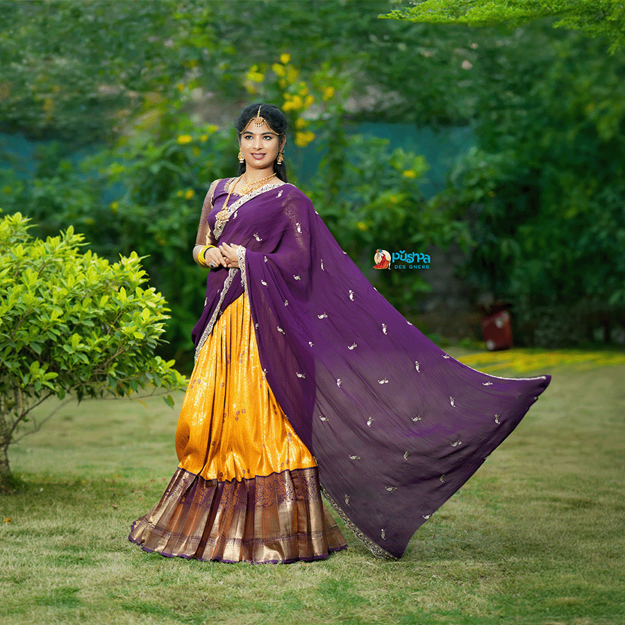 Yellow Wine Combination Traditional Half Saree view 3