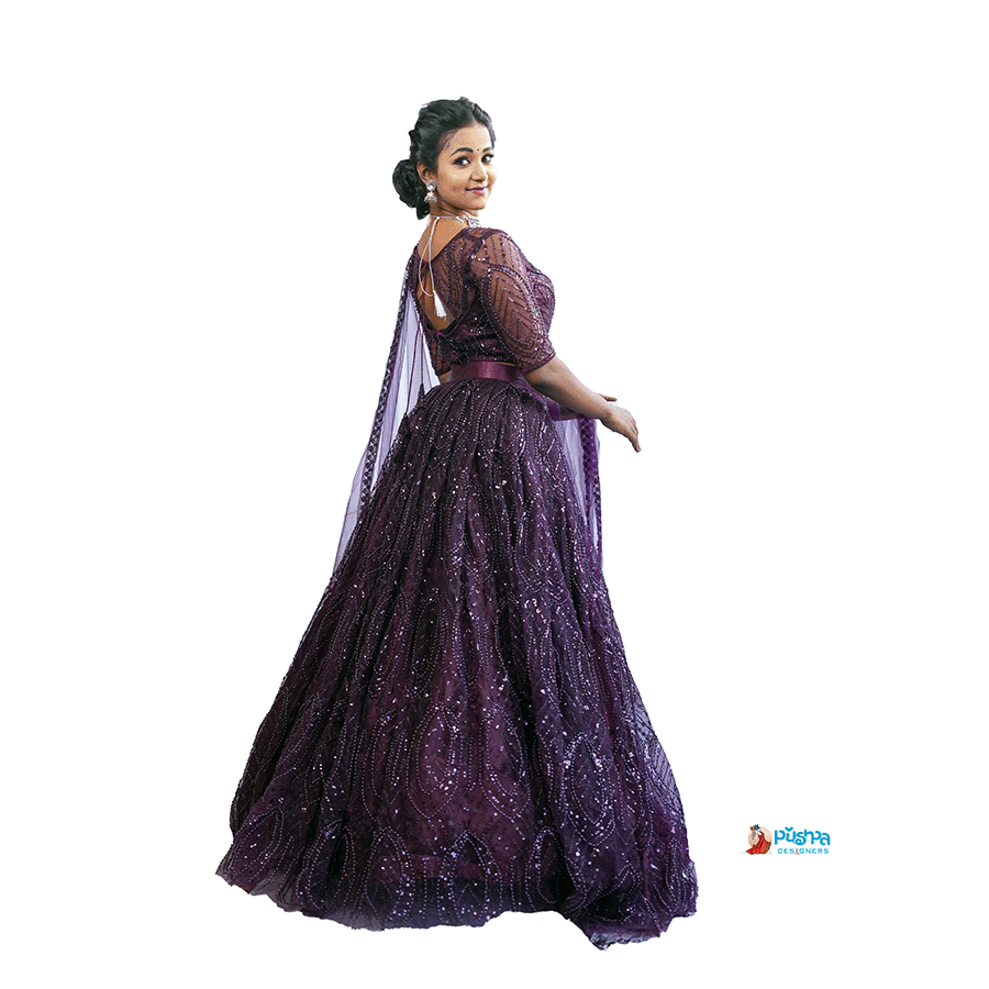 Dark Wine Full Beats Work Netted Lehenga view 2