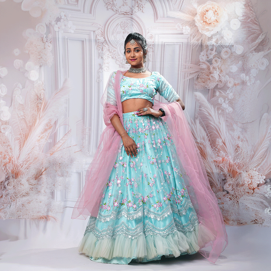 Sky Blue Netted Lehenga view 2