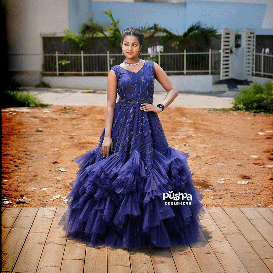 Navy Blue Full Beats Gown — Pushpa Designers