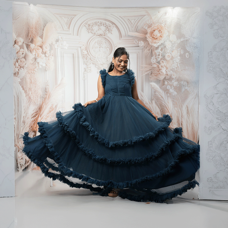 Peacock Blue Frills Ball Gown view 2