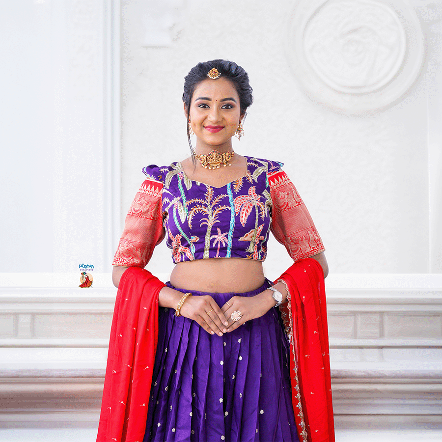 Blue and Red Combination Half Saree — Pushpa Designers
