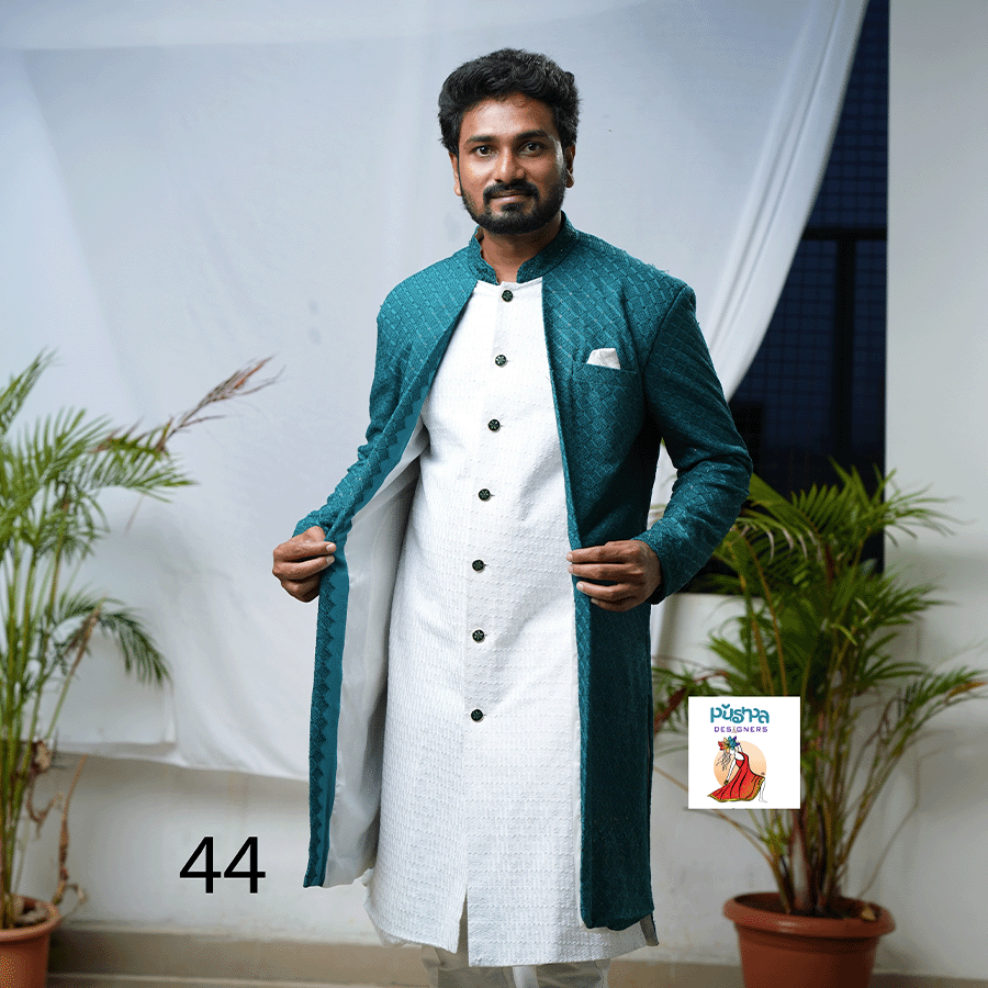 White and Peacock blue Indo Western view 2