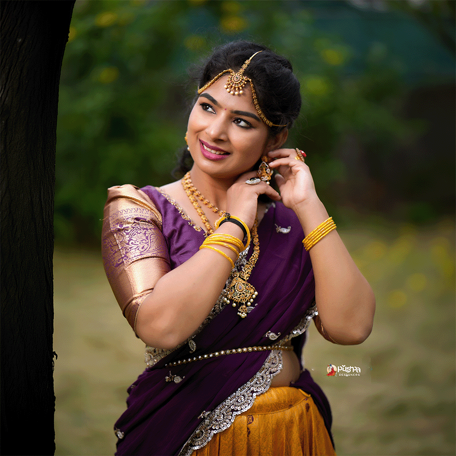 Yellow Wine Combination Traditional Half Saree view 5