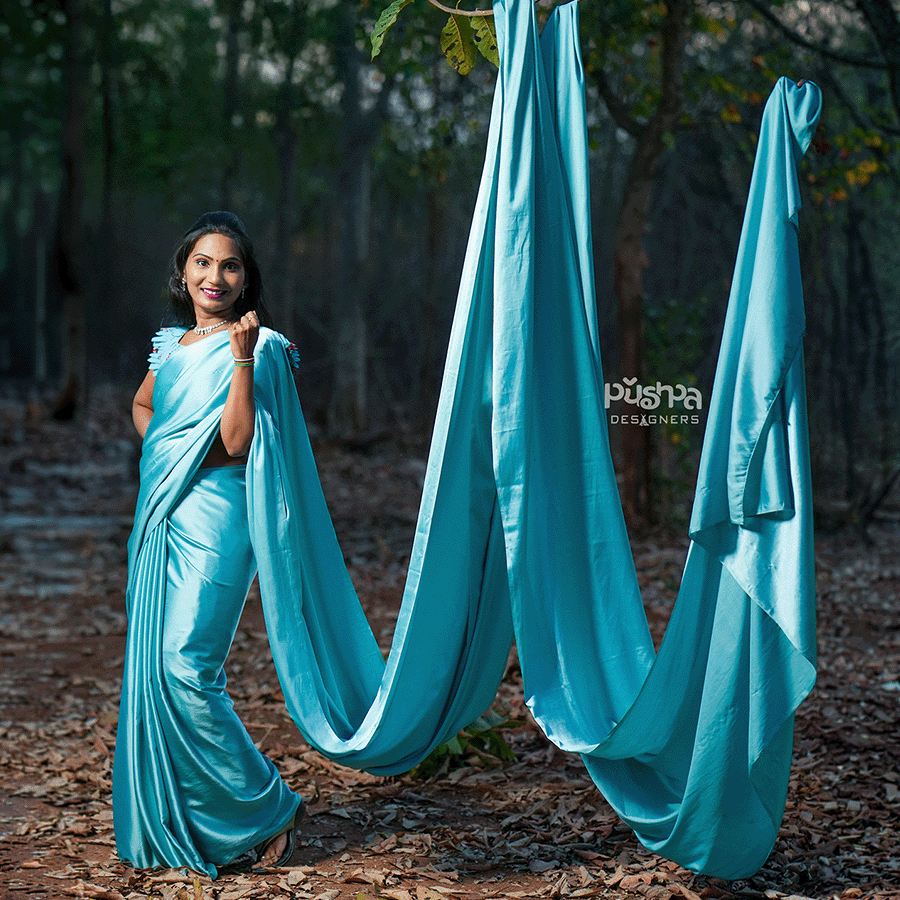 C-Blue Long Saree — Pushpa Designers