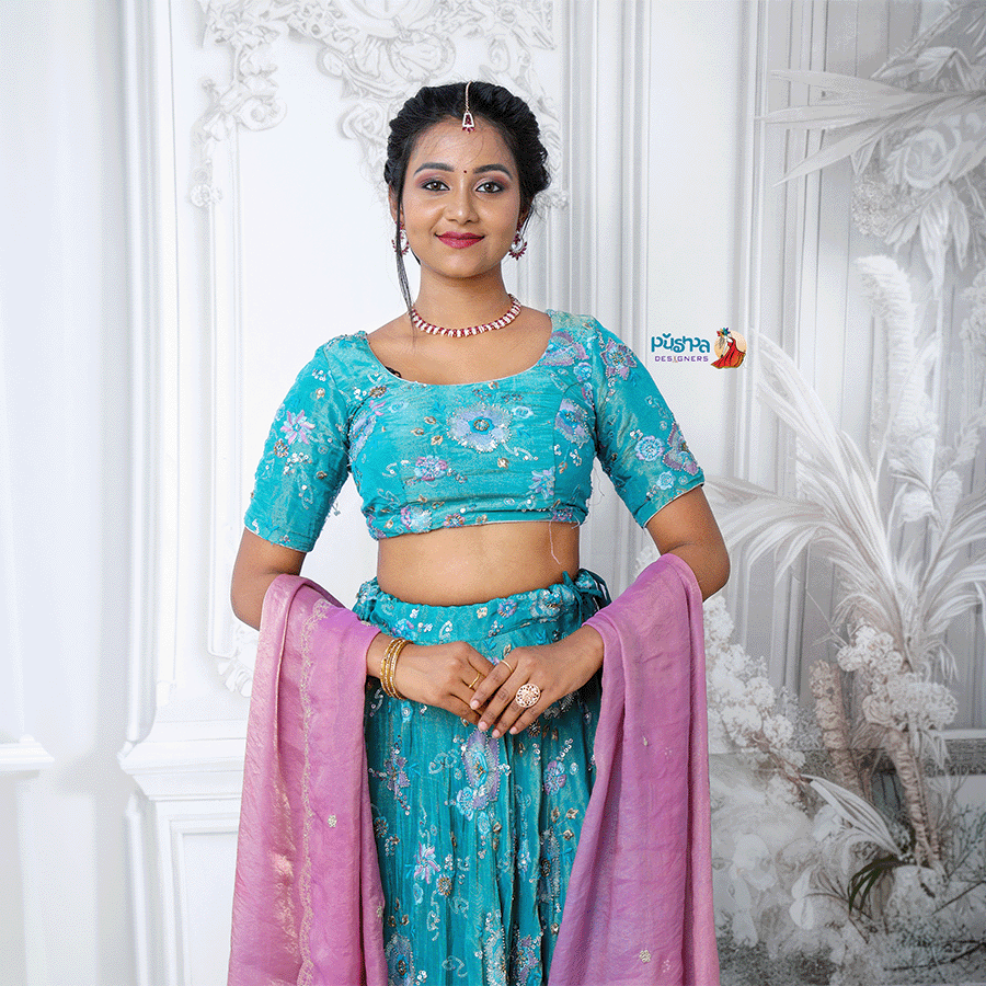 Sky Blue & Pink Lehenga view 2