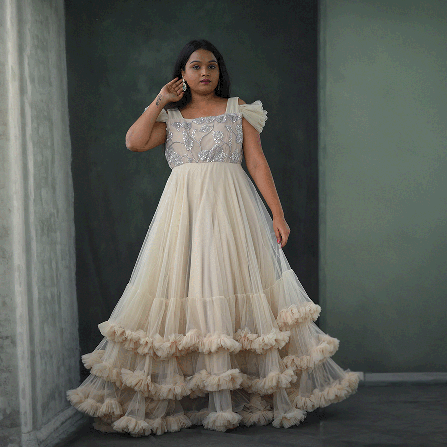 Cream Frills Netted Gown view 4