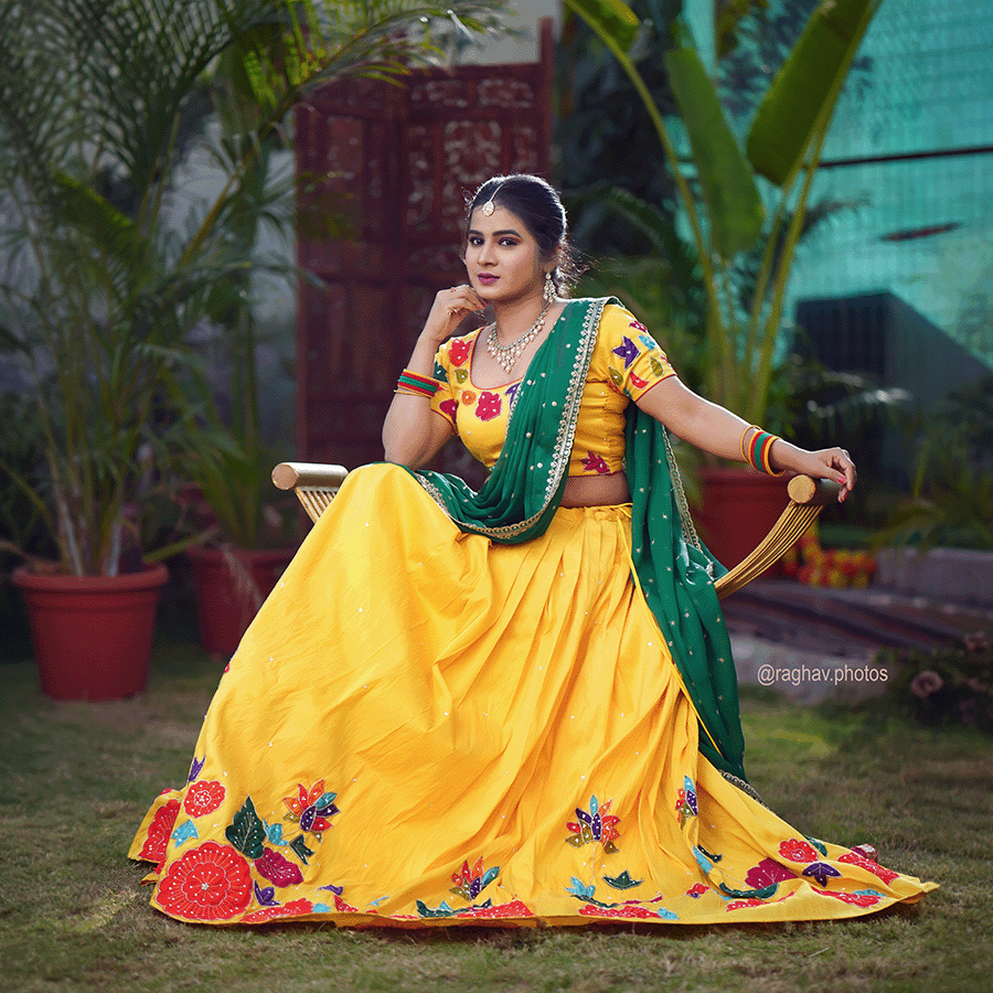 Yellow Printed Design Half Saree view 3