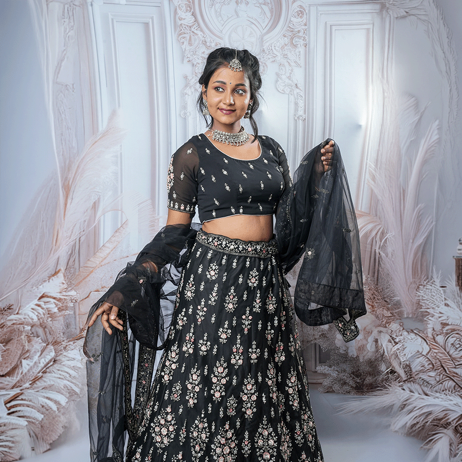 Black Embroidered Heavy Lehenga view 2