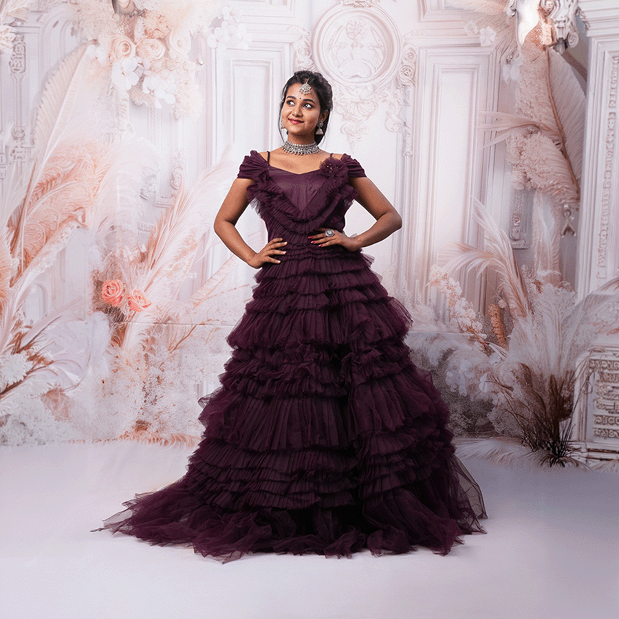 Wine Frills Ball Gown — Pushpa Designers