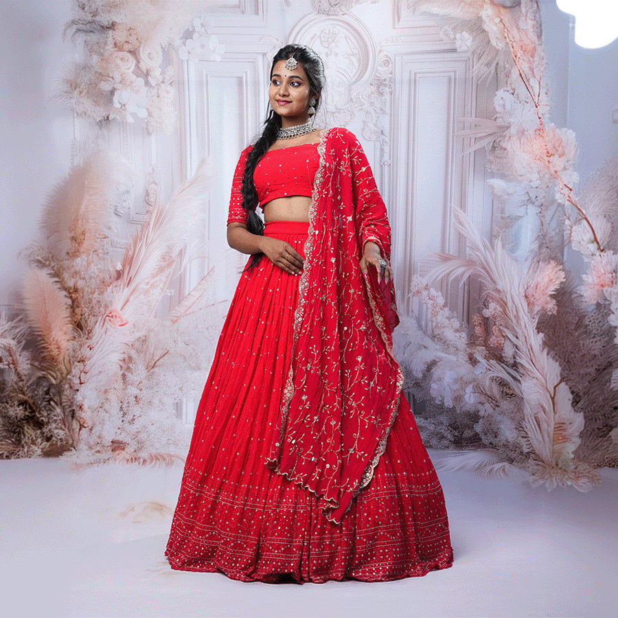 Radiant Red Georgette Embroidered Lehenga — Pushpa Designers