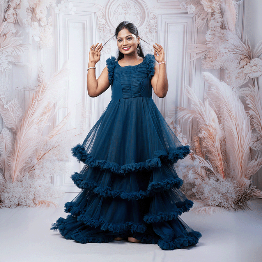Peacock Blue Frills Ball Gown — Pushpa Designers
