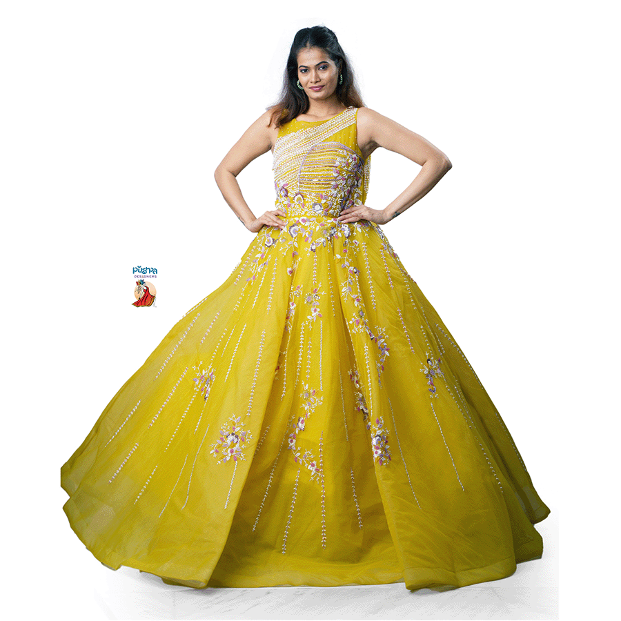 Yellow Designer Ball Gown — Pushpa Designers