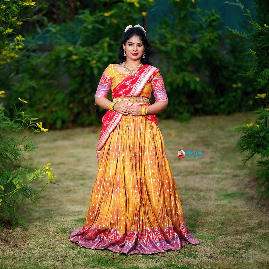 Yellow, Red Half Saree view 2