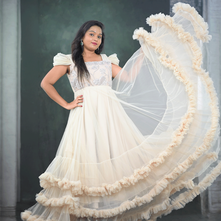 Cream Frills Netted Gown view 2