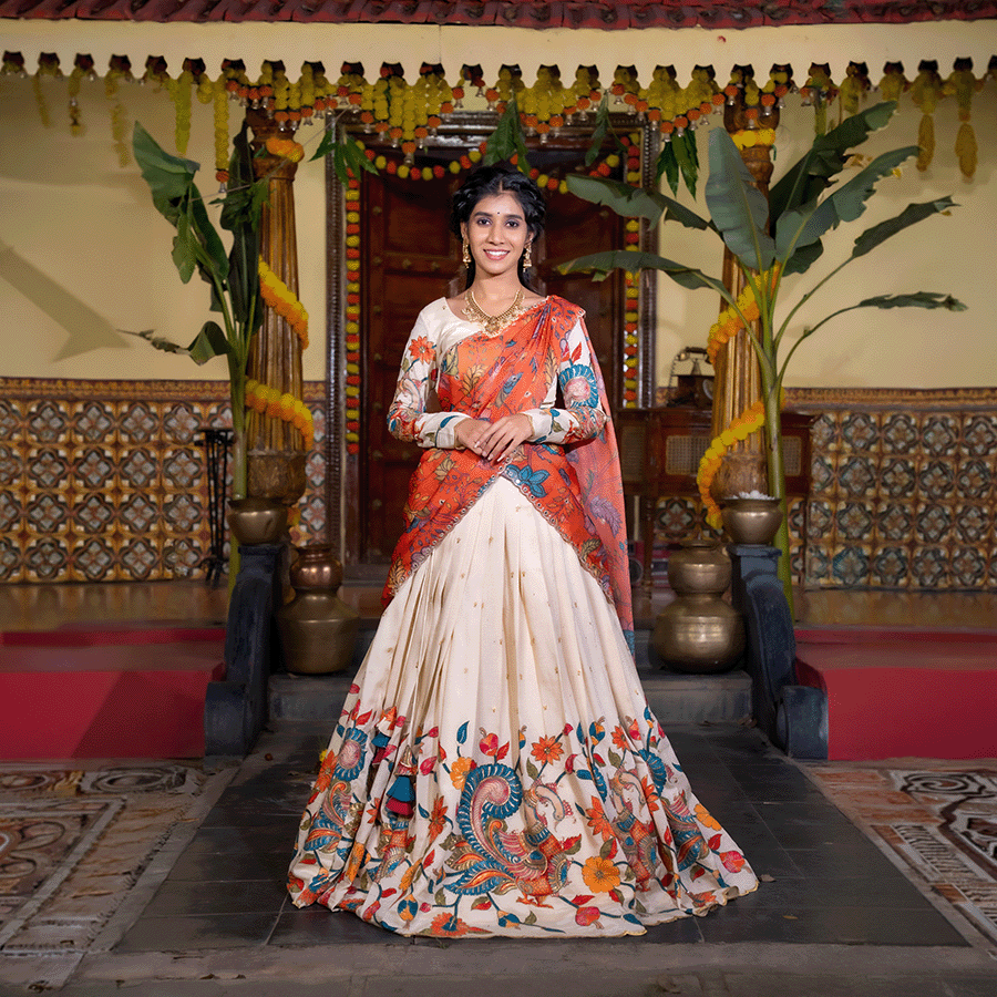 Orange and Cream Kalamkari Half Saree view 2