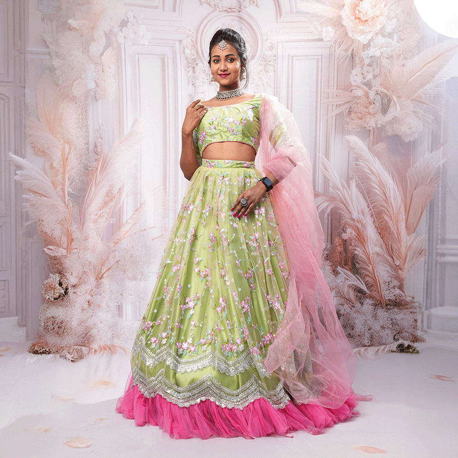Parrot Green and Pink Netted Lehenga — Pushpa Designers