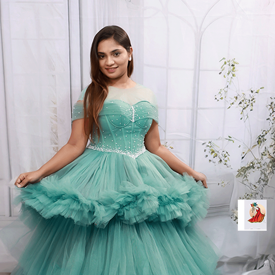 C- Green Netted Long Frock — Pushpa Designers