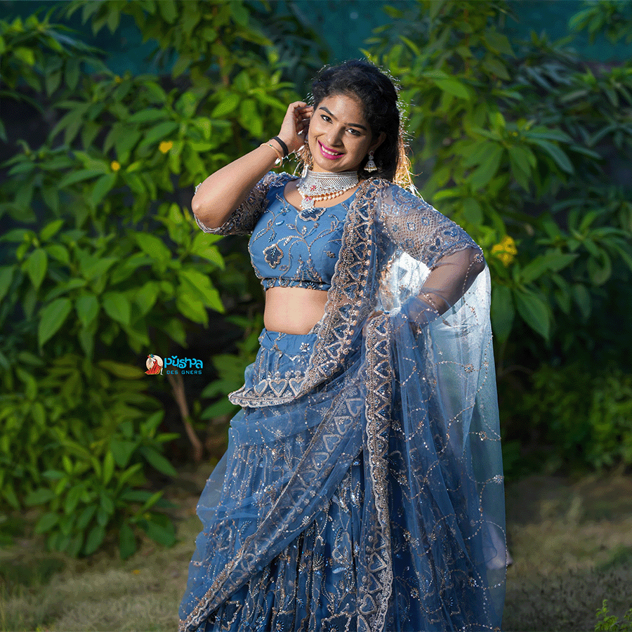 Dark Sky Blue Designer Lehenga view 2
