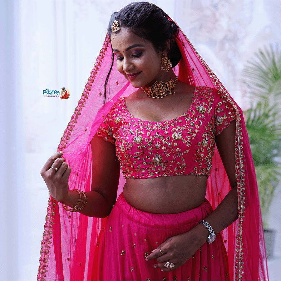 Pink Maggam lehenga view 2