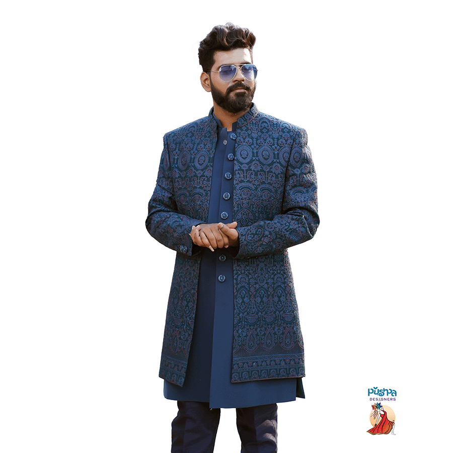 Peacock blue designer Sherwani — Pushpa Designers