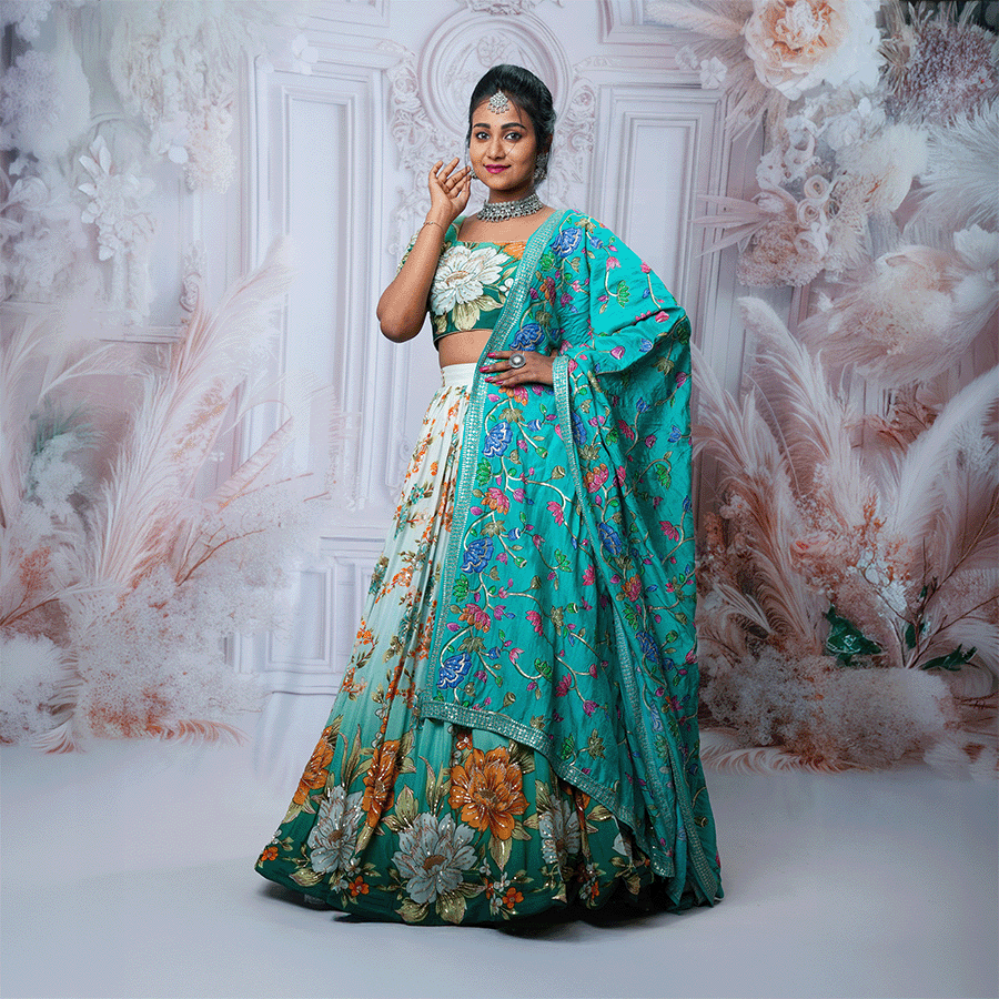 Green Floral Half Saree — Pushpa Designers