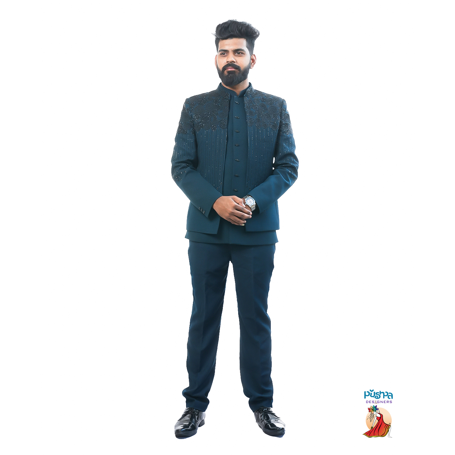 Peacock blue designer Jodhpur suit — Pushpa Designers occasionwear rental