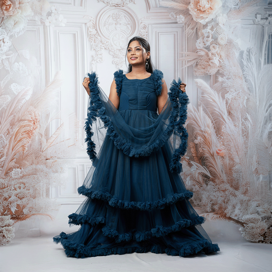 Peacock Blue Frills Ball Gown view 3