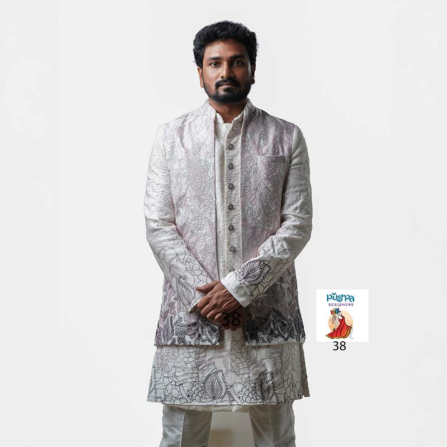 Half White Floral Sherwani — Pushpa Designers