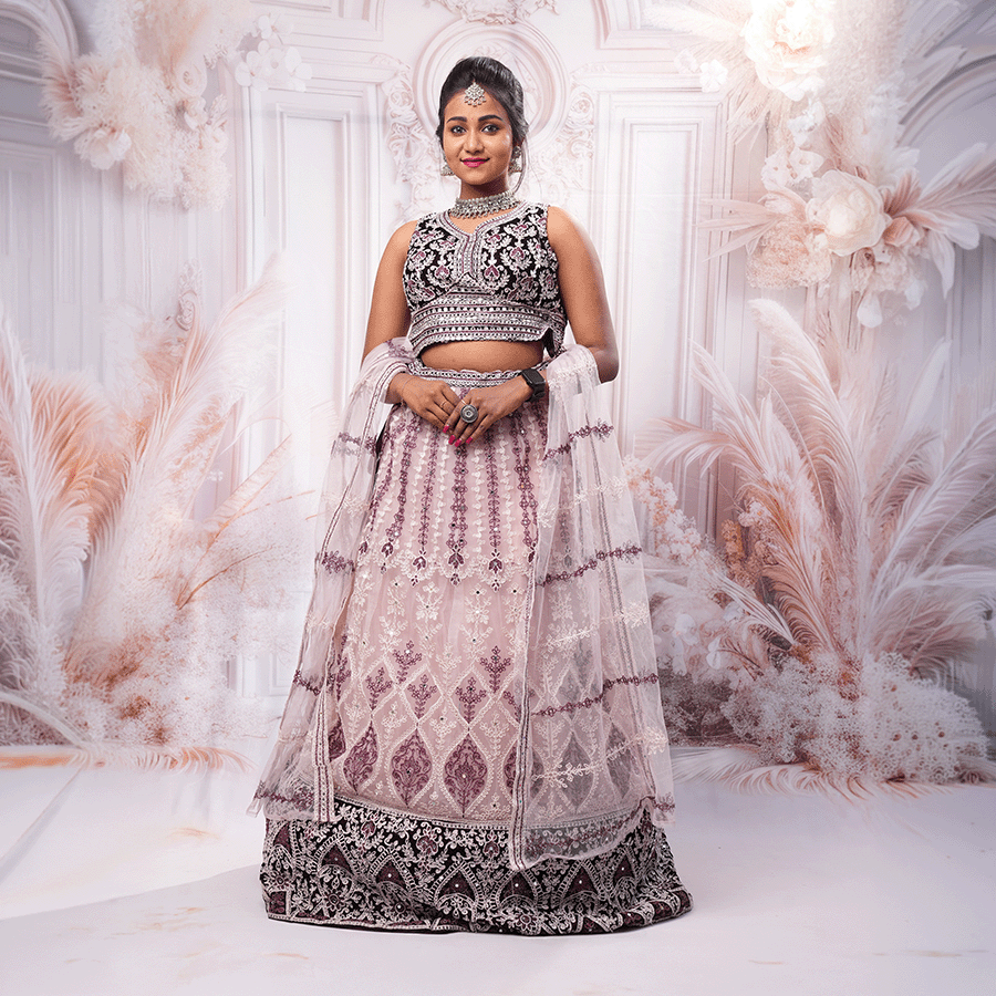 Wine Netted Lehenga view 2