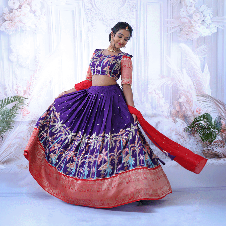 Violet & Red Kalamkari Half Saree — Pushpa Designers