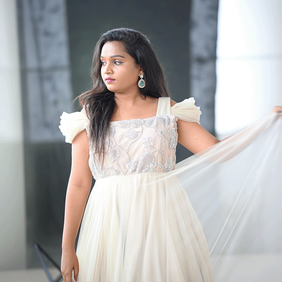 Cream Frills Netted Gown view 3